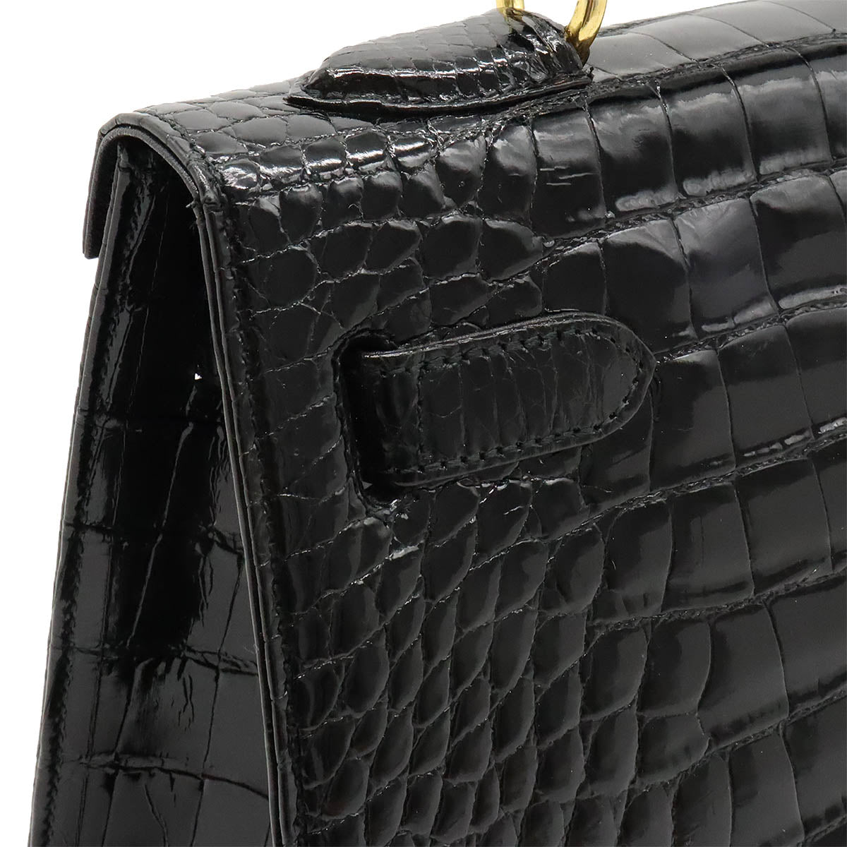 Crocodile Handbag Black Kelly Style Gold Hardware in Very Good Condition