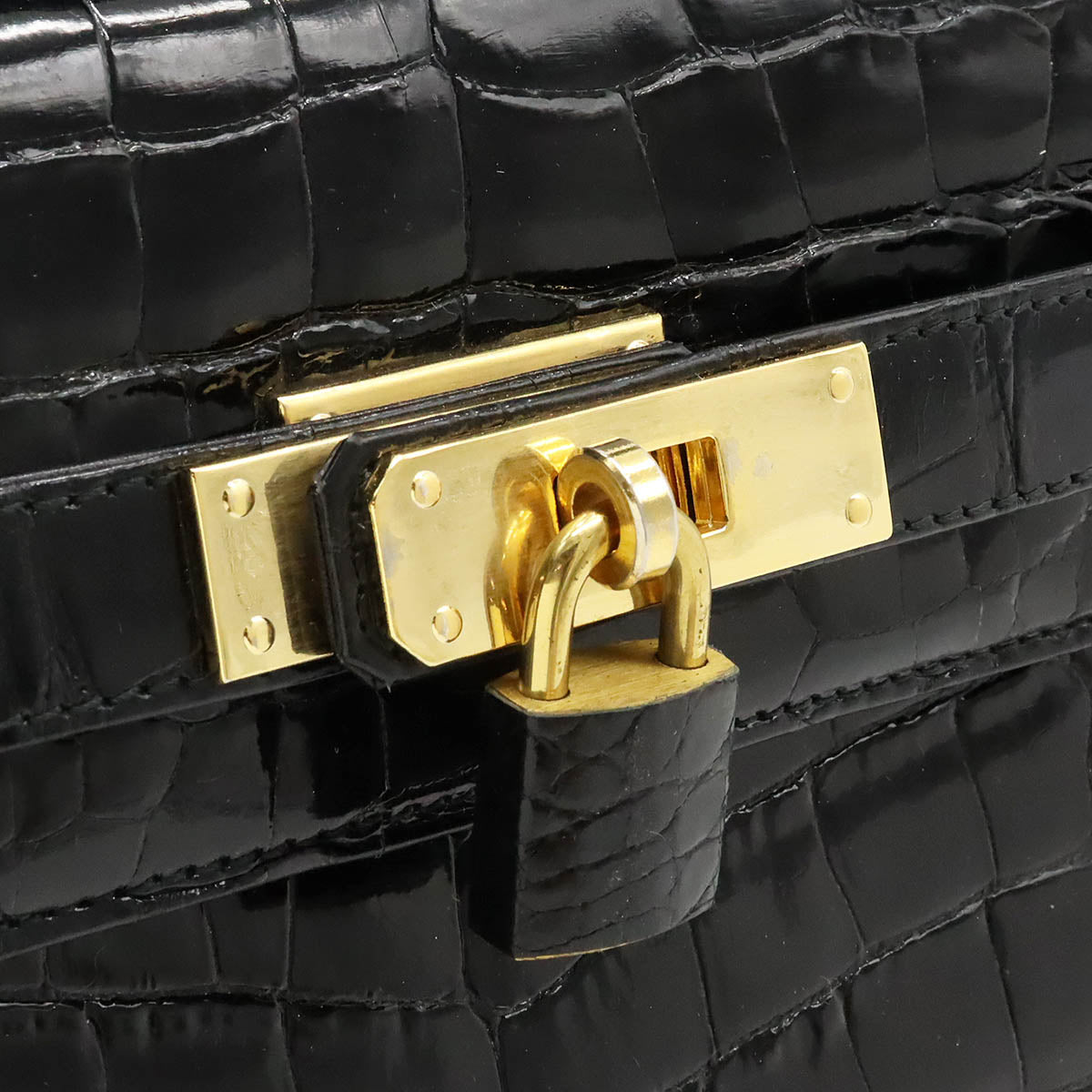 Crocodile Handbag Black Kelly Style Gold Hardware in Very Good Condition