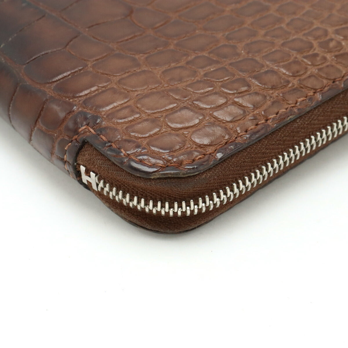 HERMES Azap Long Crocodile Wallet Dark Brown