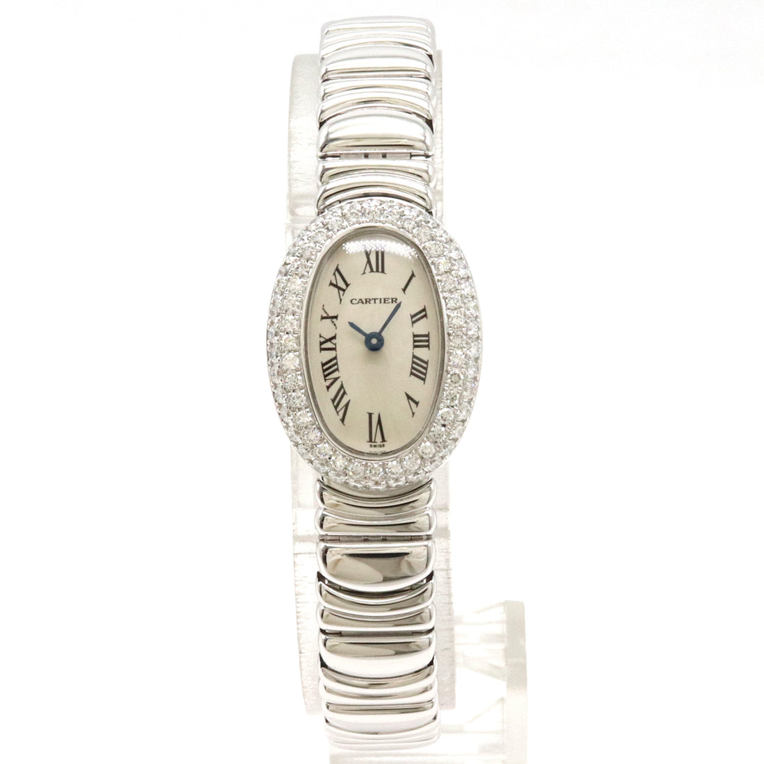 Cartier Mini Baignoire Ivory Dial K18WG Diamond Bezel Ladies Quartz Watch WB5095L2 in Pristine Condition