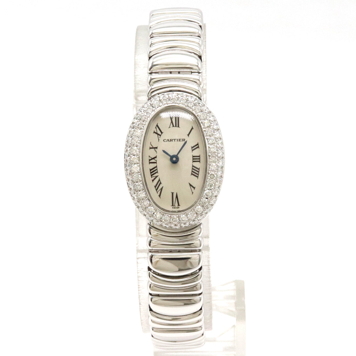 Cartier Mini Baignoire Ivory Dial K18WG Diamond Bezel Ladies Quartz Watch WB5095L2 in Pristine Condition