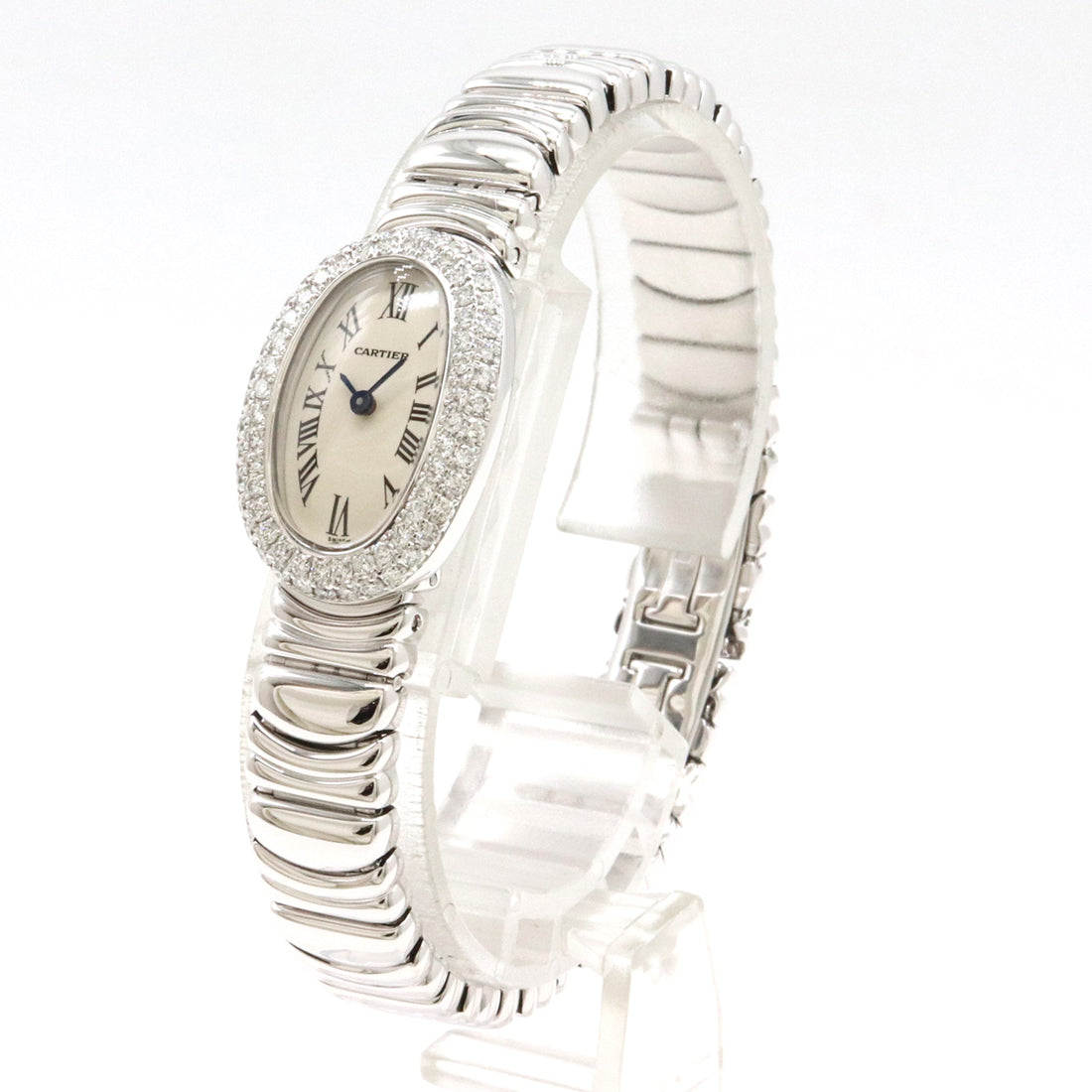 Cartier Mini Baignoire Ivory Dial K18WG Diamond Bezel Ladies Quartz Watch WB5095L2 in Pristine Condition