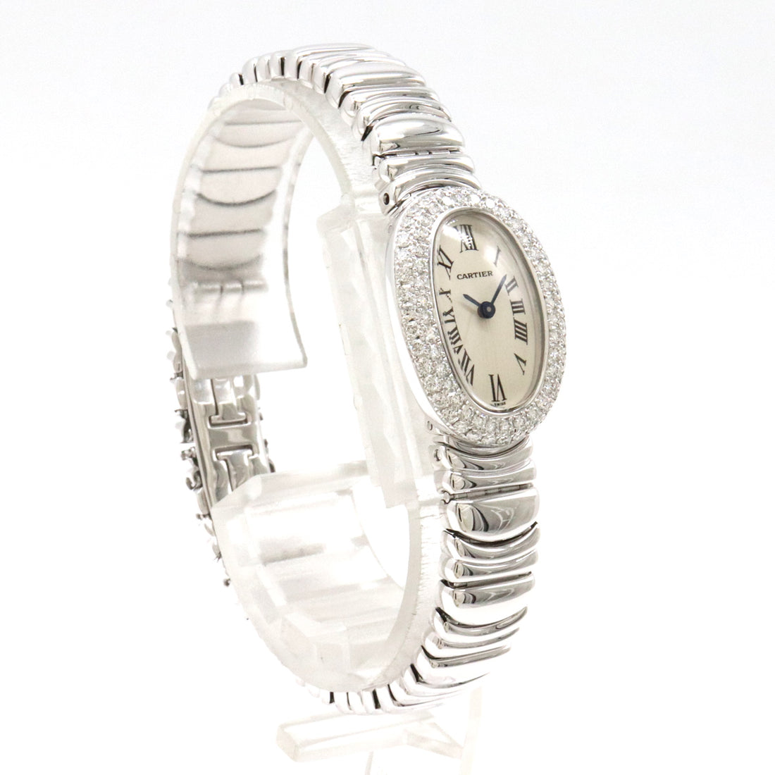 Cartier Mini Baignoire Ivory Dial K18WG Diamond Bezel Ladies Quartz Watch WB5095L2 in Pristine Condition