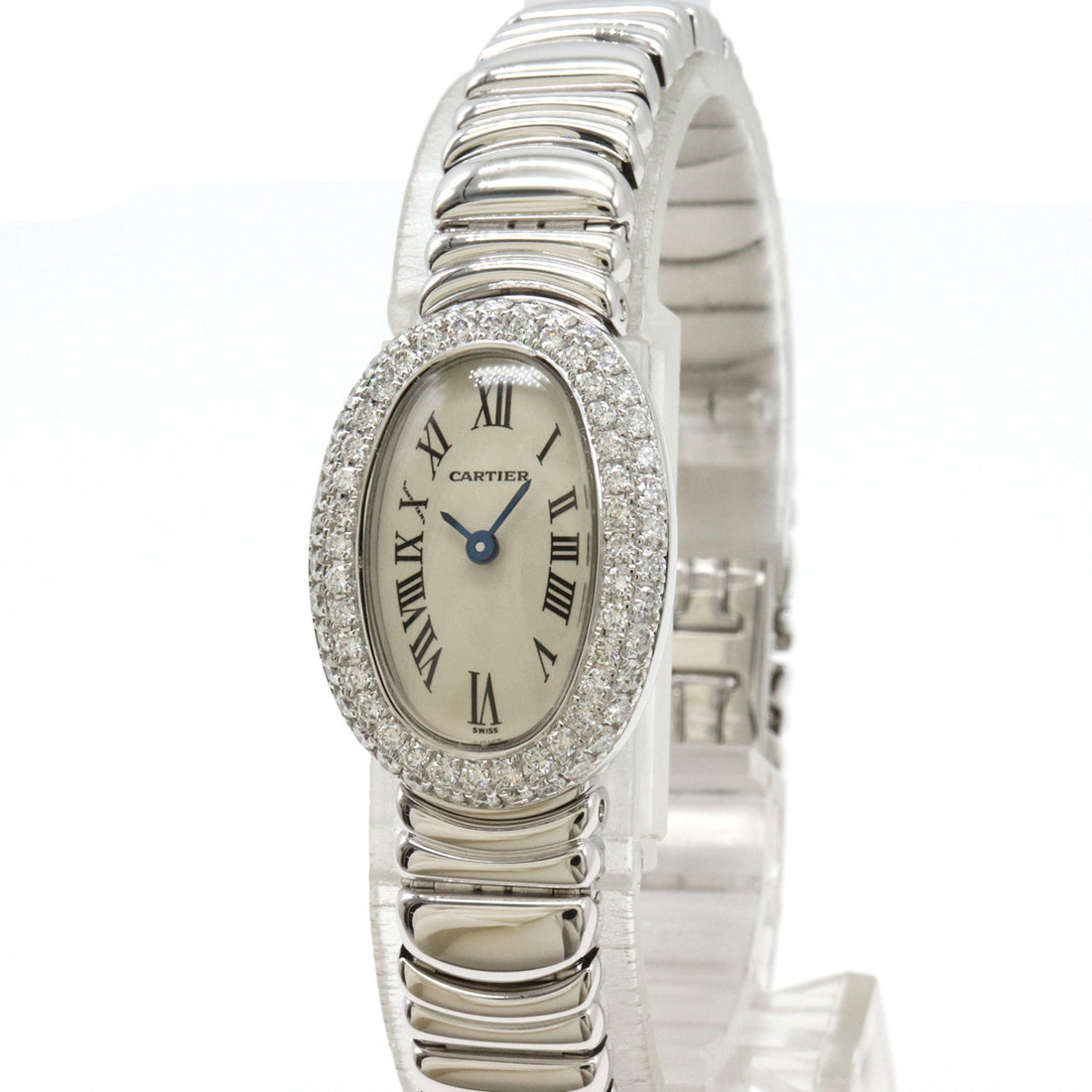 Cartier Mini Baignoire Ivory Dial K18WG Diamond Bezel Ladies Quartz Watch WB5095L2 in Pristine Condition