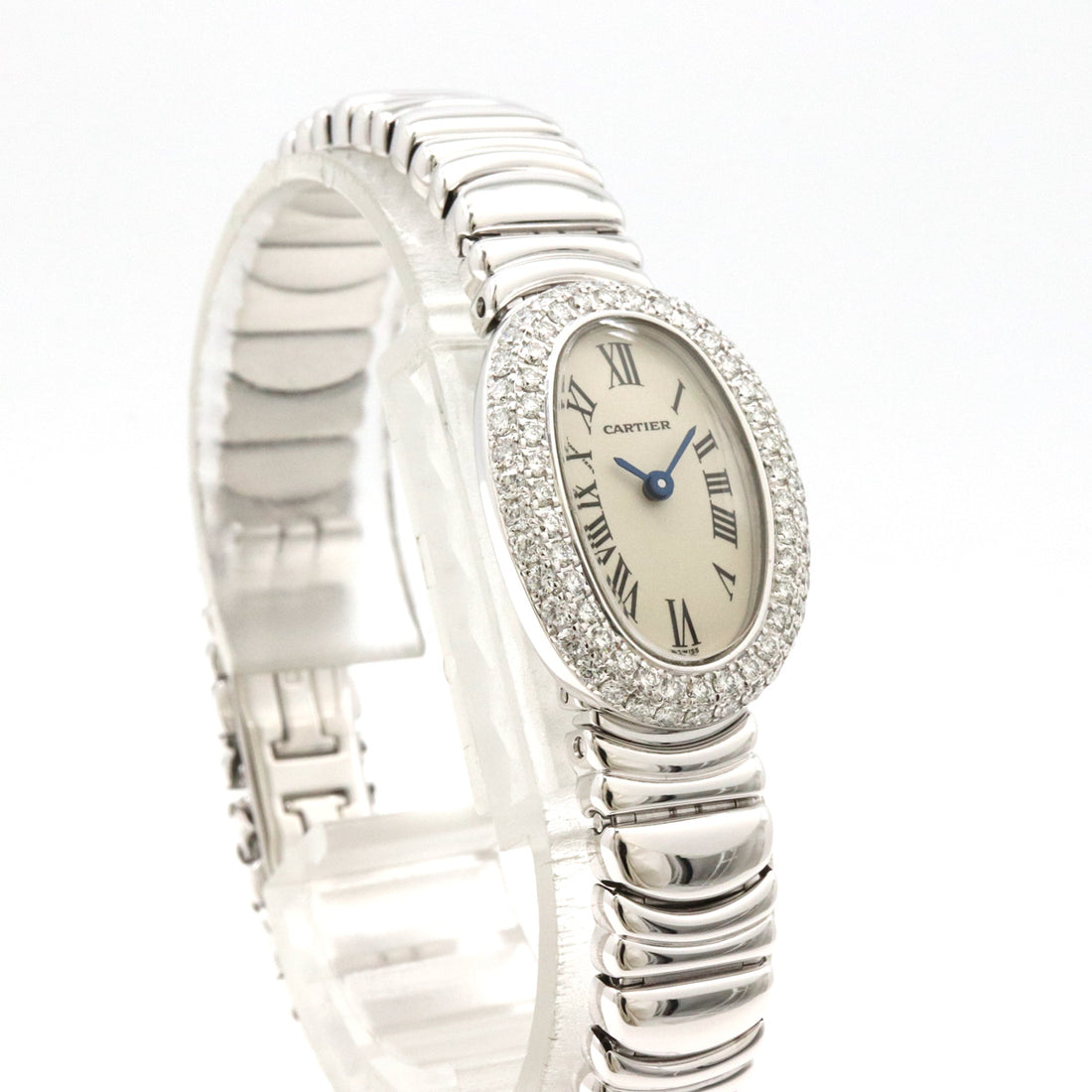 Cartier Mini Baignoire Ivory Dial K18WG Diamond Bezel Ladies Quartz Watch WB5095L2 in Pristine Condition