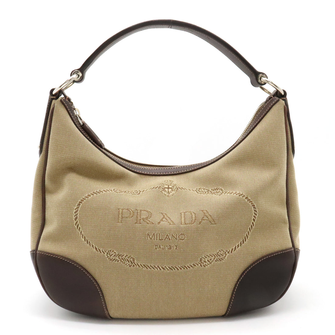 Prada Logo Jacquard Canvas Leather Handbag BR3423