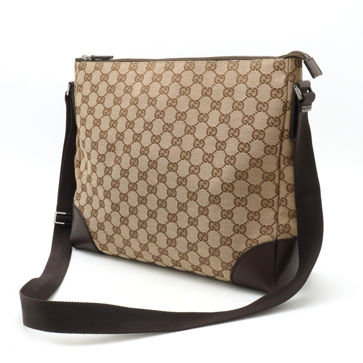 Gucci GG Canvas Leather Shoulder Bag Dark Brown