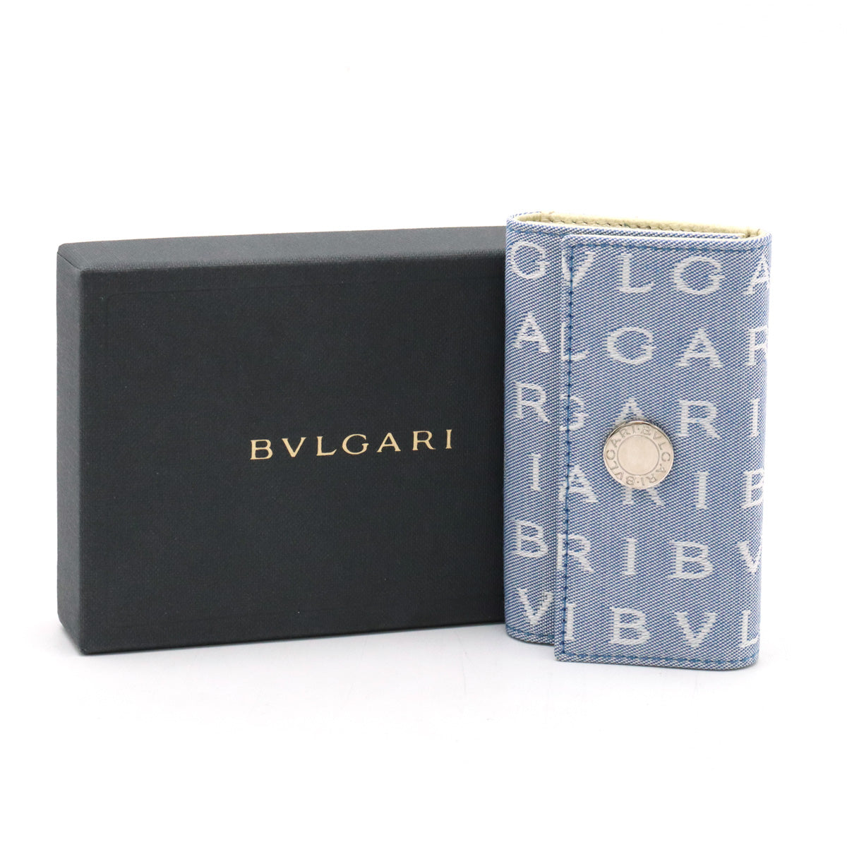 Bvlgari Rettare Logomania 6 Key Case Canvas Leather Light Blue in Pristine Condition