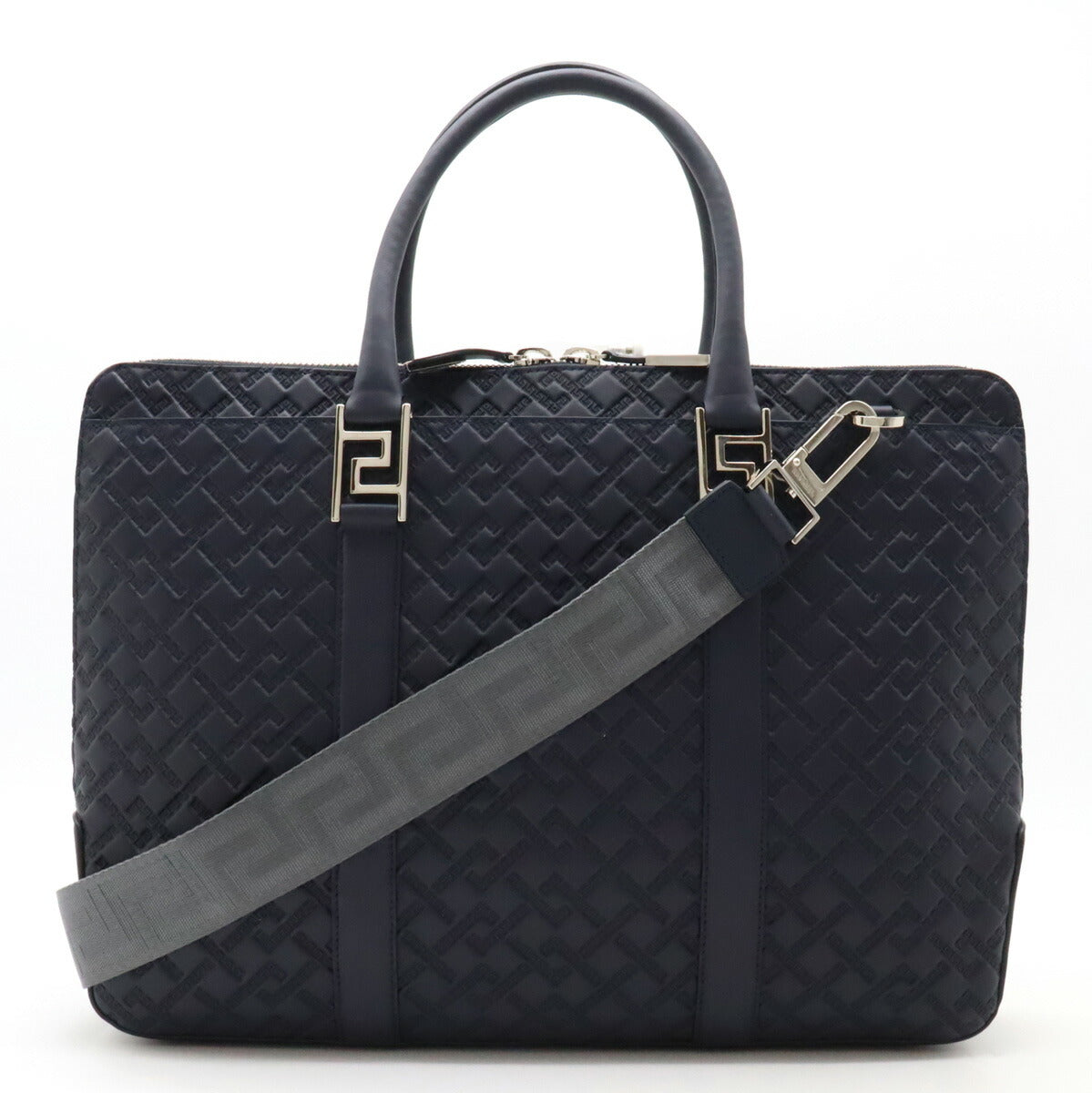 VERSACE Leather Briefcase 2WAY Navy Gray