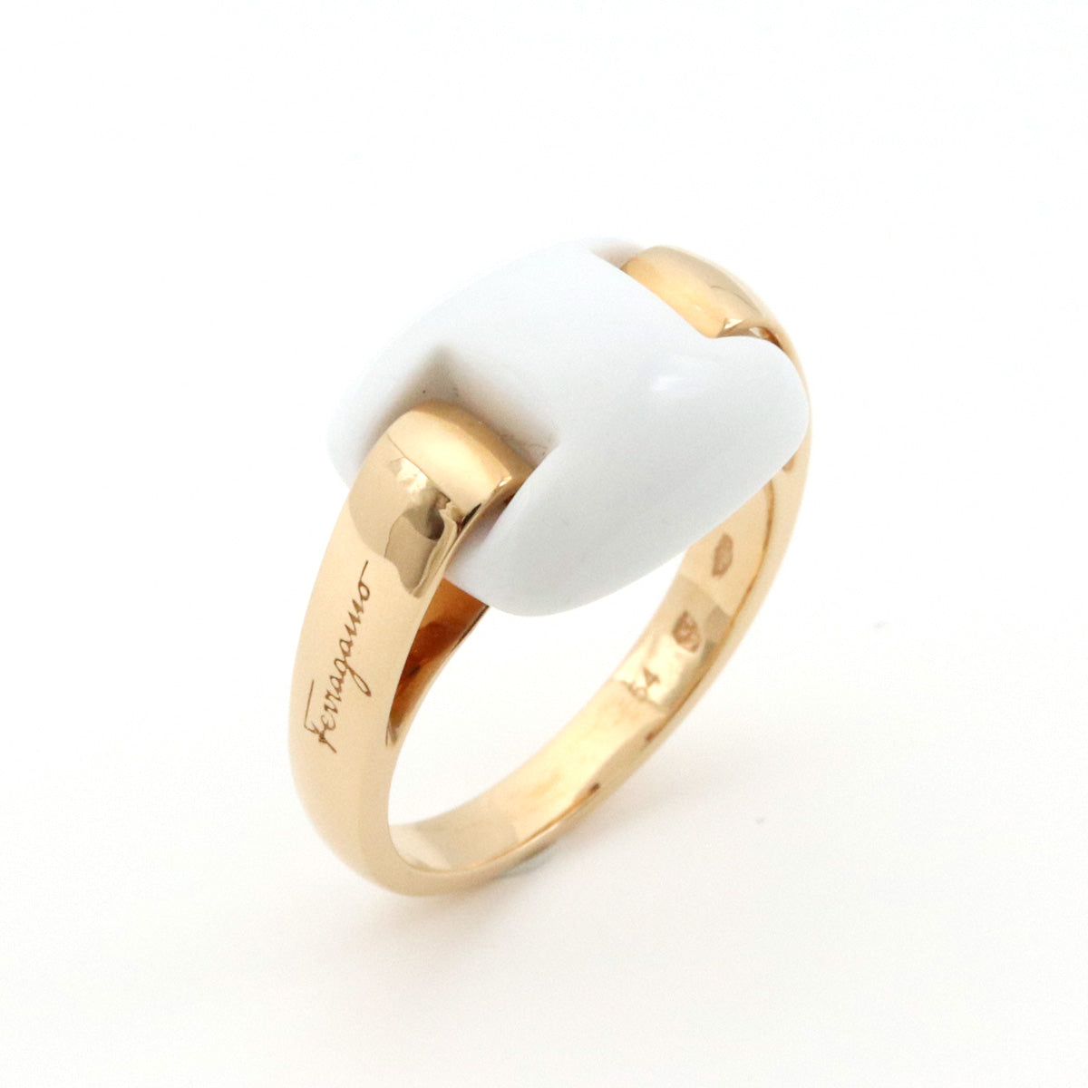 Salvatore Ferragamo K18PG White Chalcedony Ring in Great Condition