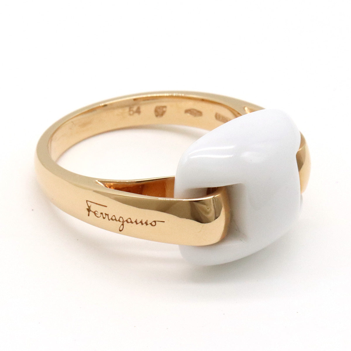 Salvatore Ferragamo K18PG White Chalcedony Ring in Great Condition