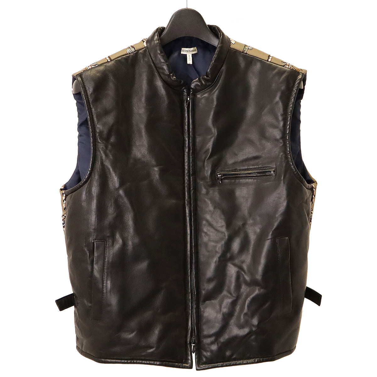 HERMES Men's Down Vest Lamb Leather Silk Black Brown #36 in Great Condition