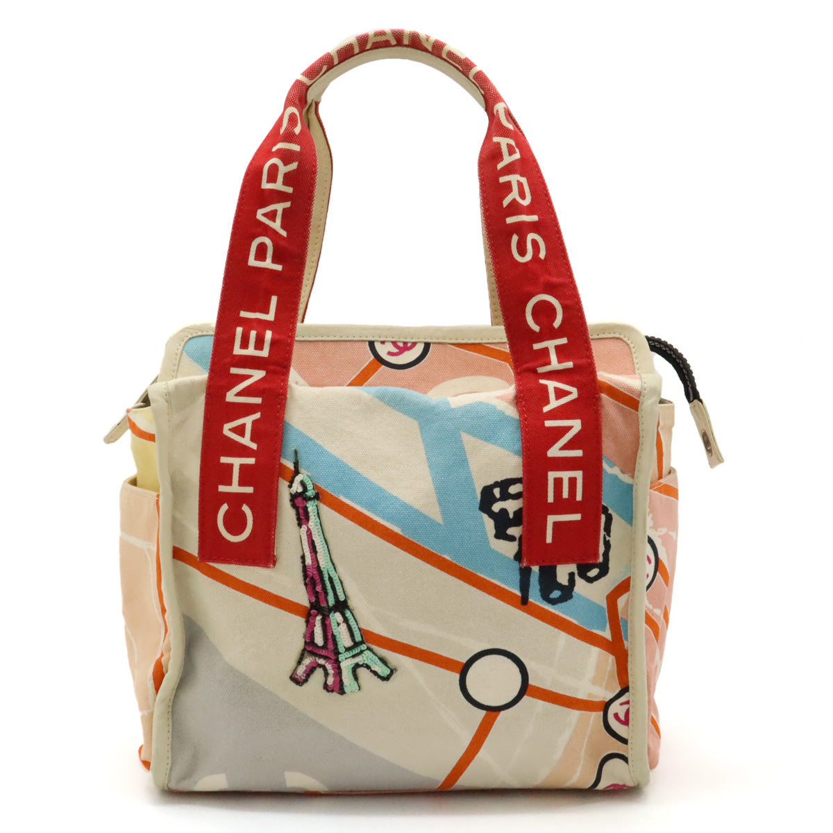 Chanel Canvas/Sequin Cruise Line Paris Map Eiffel Tower Handbag Tote A30833 in Very Good Condition