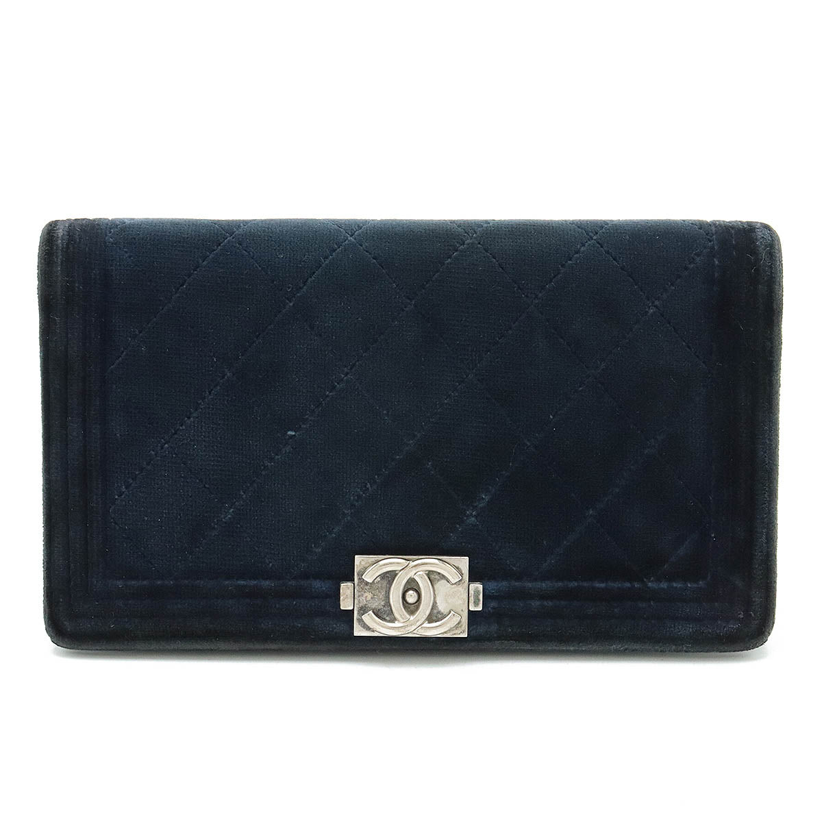 Chanel Boy Matelasse Velour Long Wallet Dark Navy A80285 in Very Good Condition