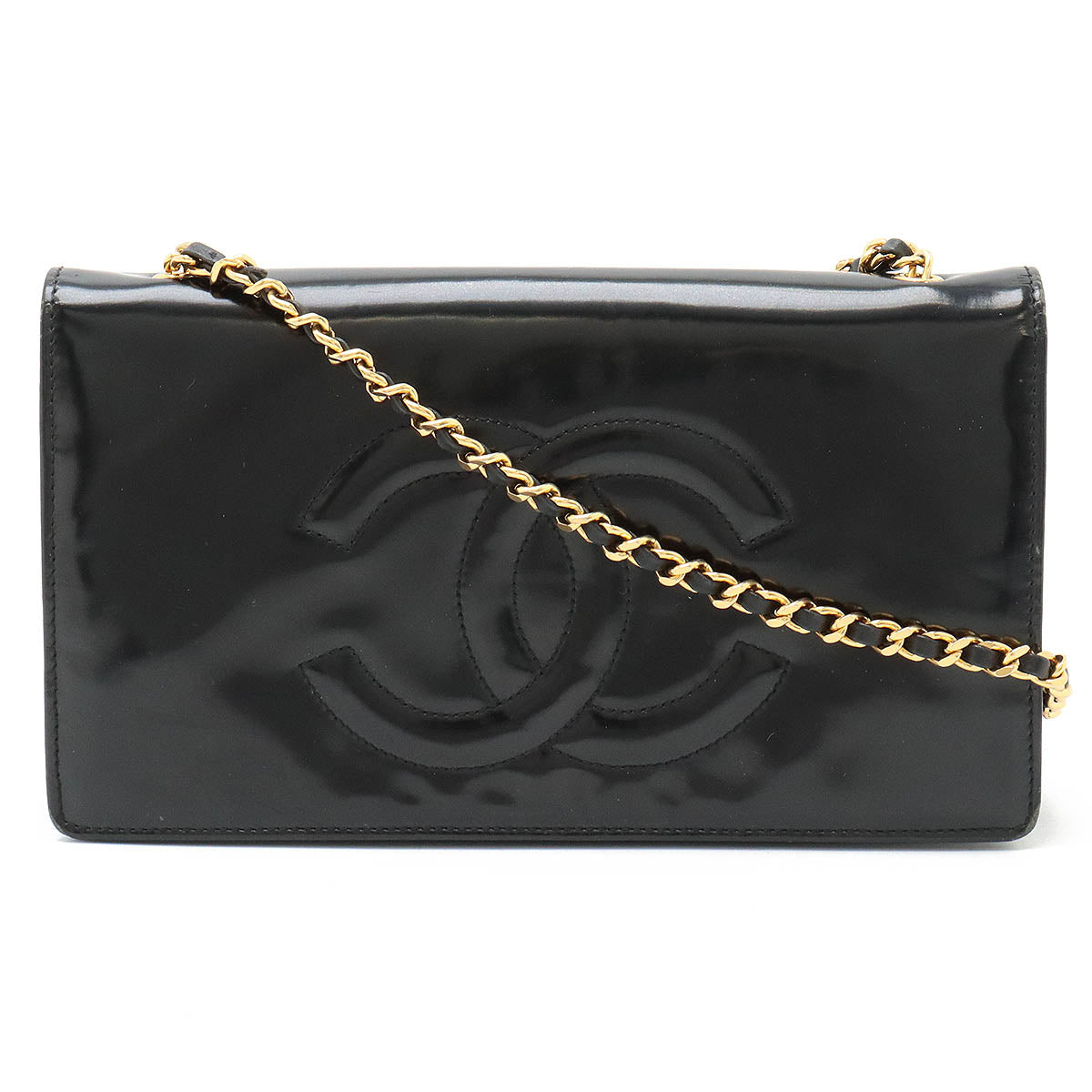 Chanel Coco Mark Chain Wallet Patent Leather Black in Very Good Condition