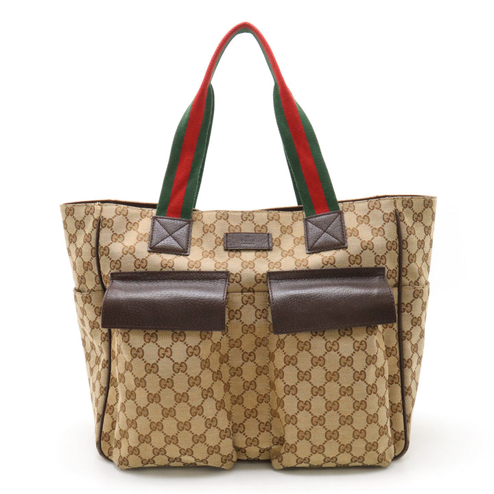 Gucci GG Canvas Leather Tote Bag Dark Brown