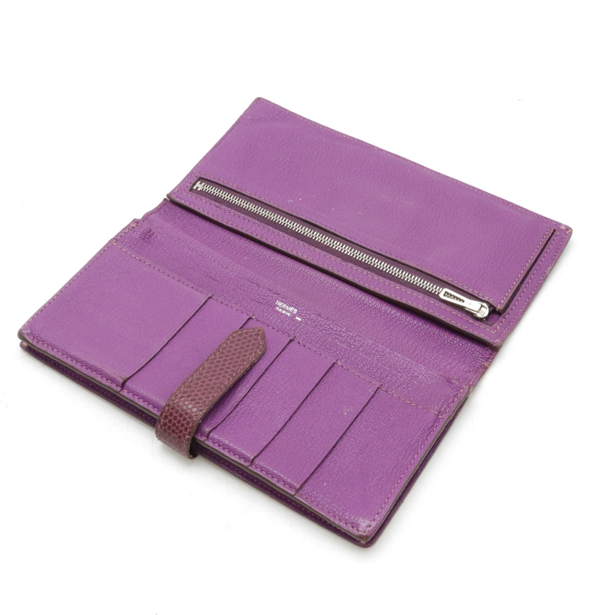 Hermes Lizard Bearn Souffle Bifold Wallet Purple