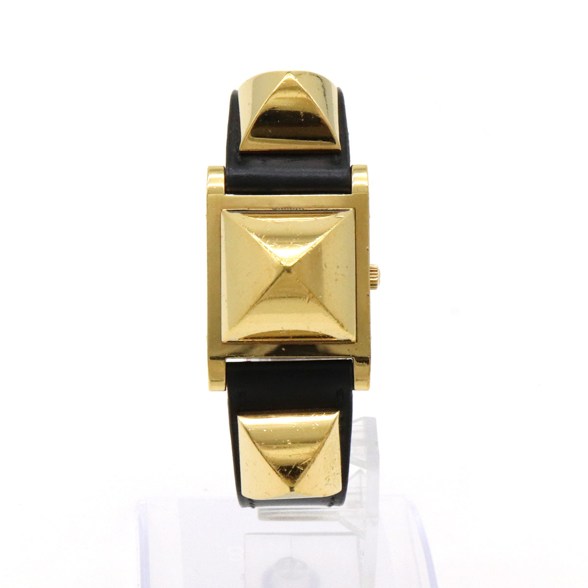 Hermes Medor Quartz Watch Gold Plated Black Leather