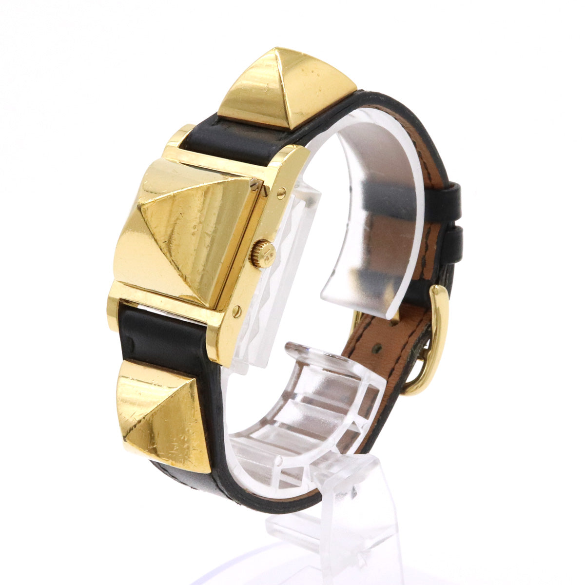 Hermes Medor Quartz Watch Gold Plated Black Leather