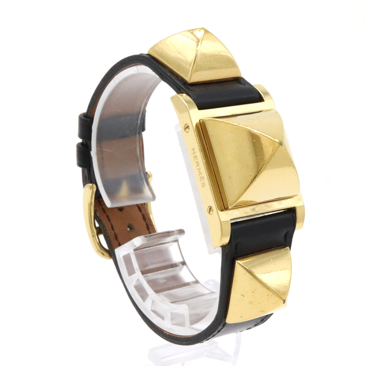 Hermes Medor Quartz Watch Gold Plated Black Leather