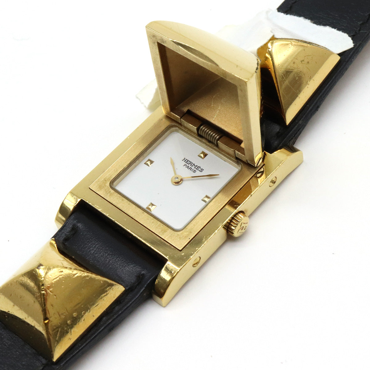 Hermes Medor Quartz Watch Gold Plated Black Leather