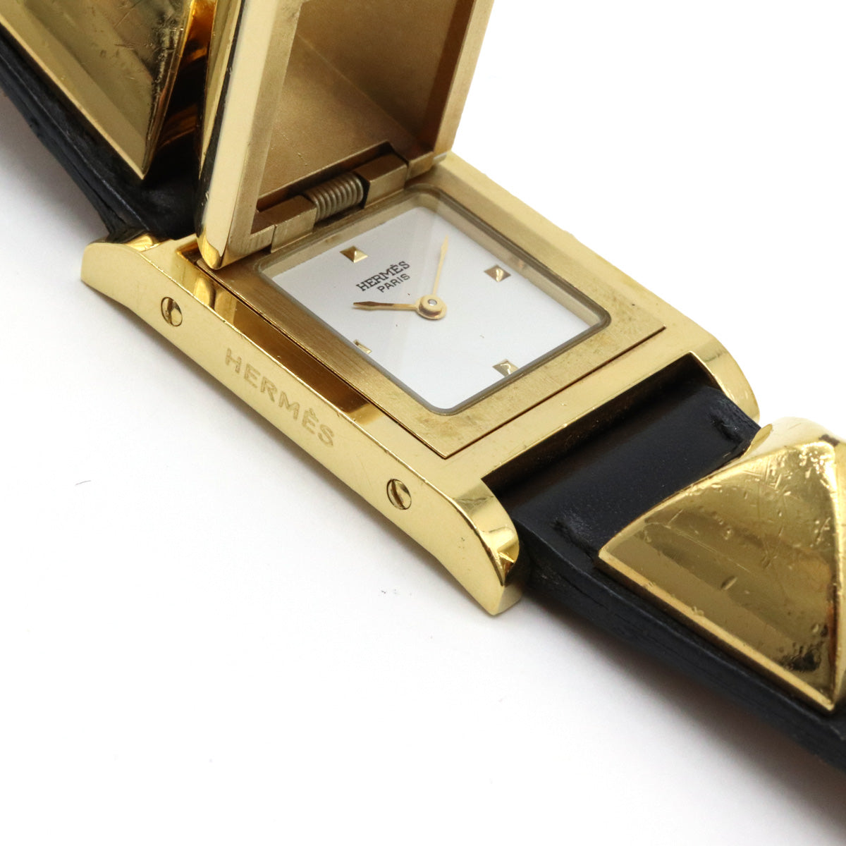 Hermes Medor Quartz Watch Gold Plated Black Leather