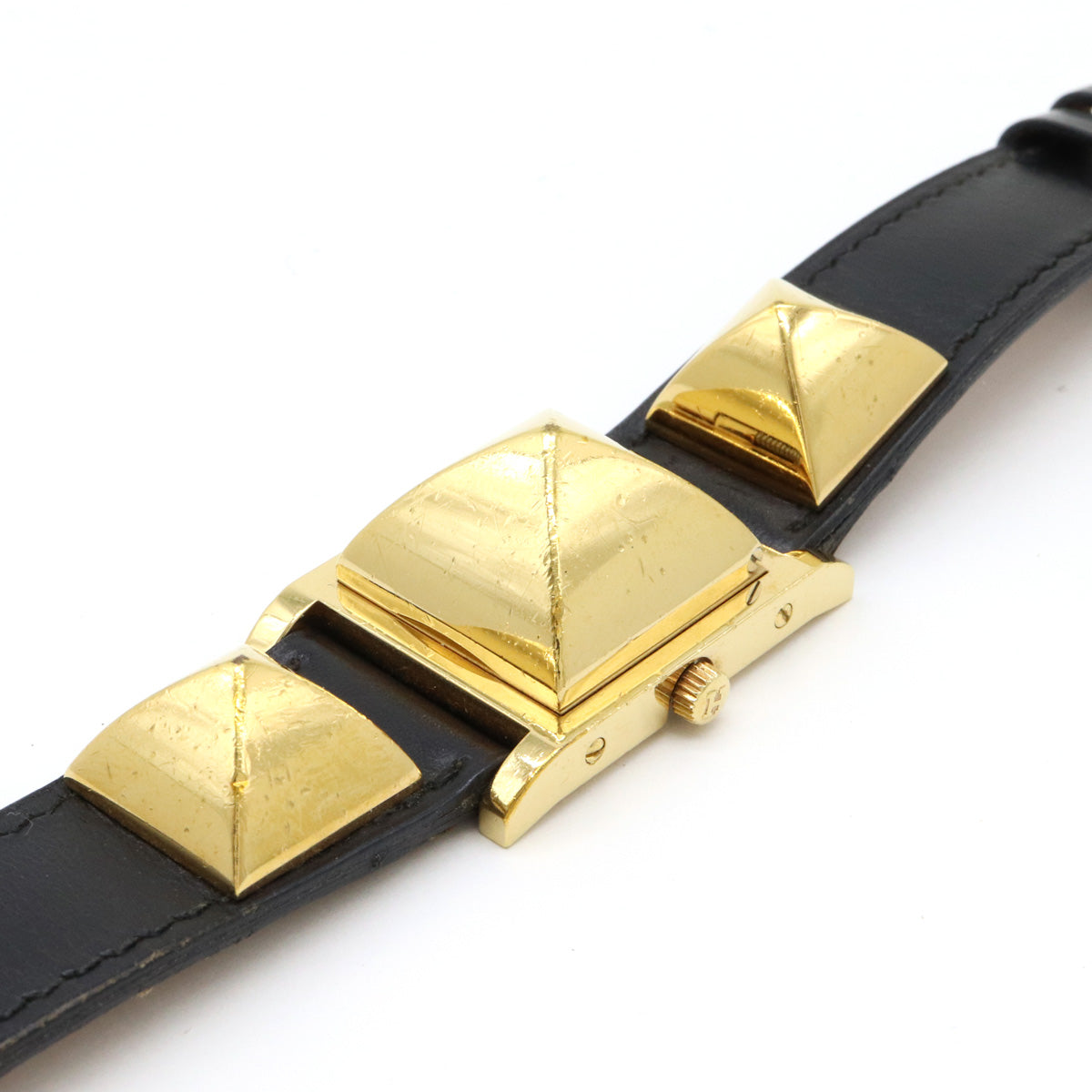 Hermes Medor Quartz Watch Gold Plated Black Leather