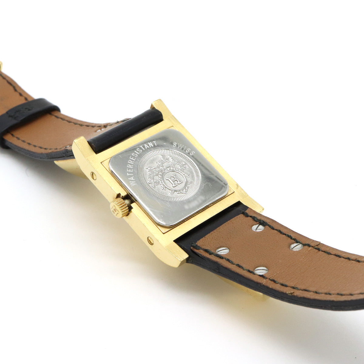 Hermes Medor Quartz Watch Gold Plated Black Leather