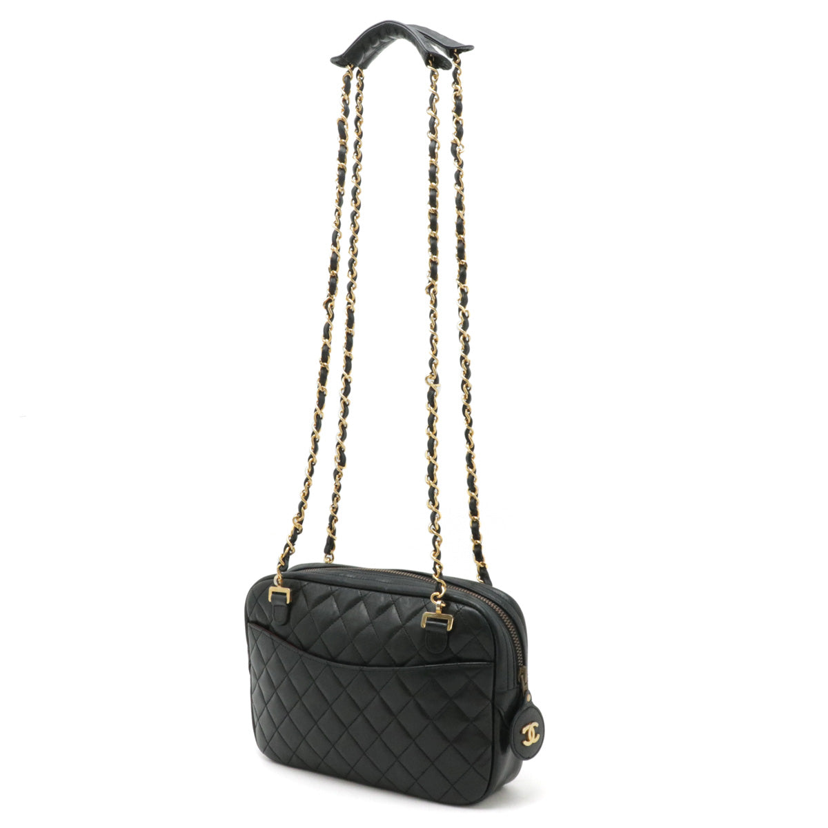 Chanel Leather Matelasse Chain Shoulder Bag Black Gold in Very Good Condition