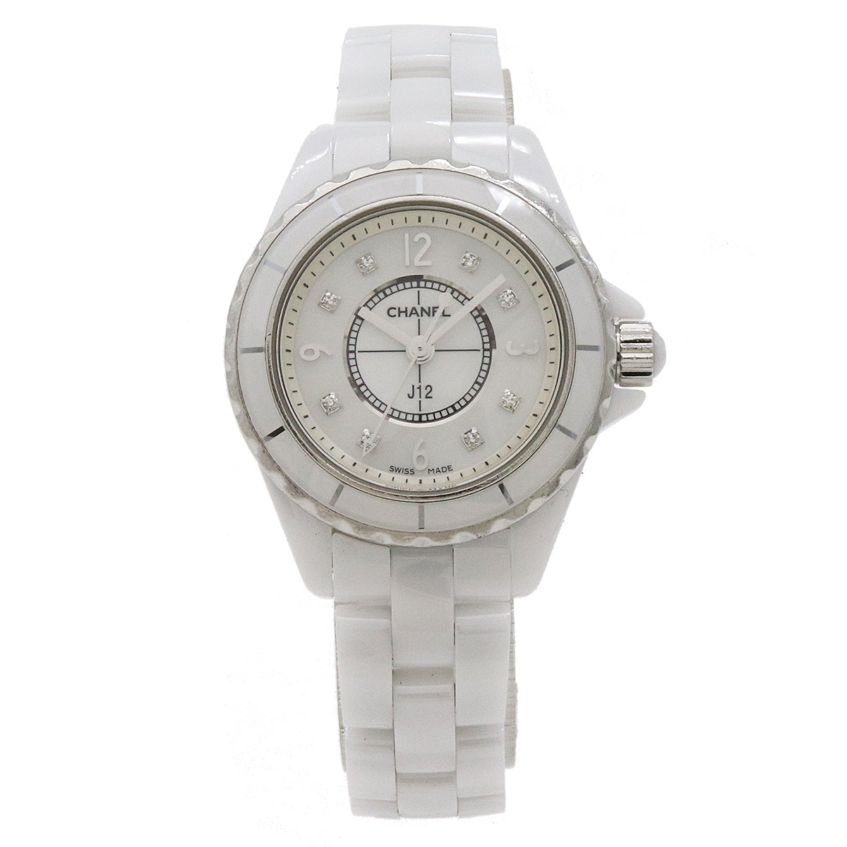 Chanel J12 White Ceramic Shell Dial 8P Diamond Ladies Quartz Watch H2570 in Very Good Condition