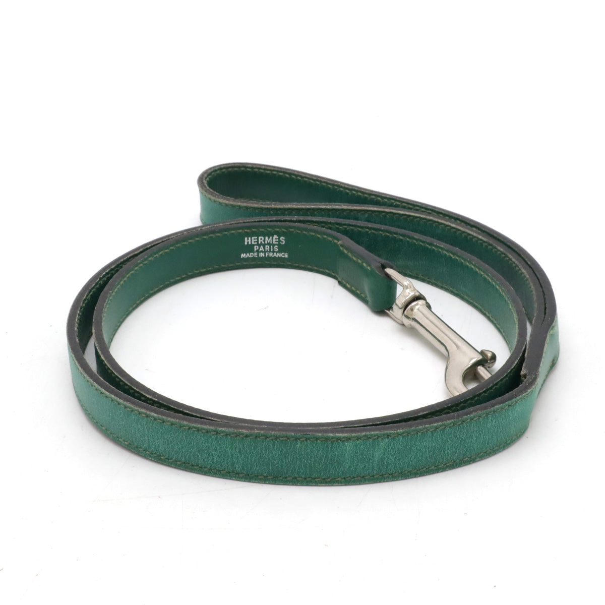 Hermes Leather Dog Leash Green Silver Hardware