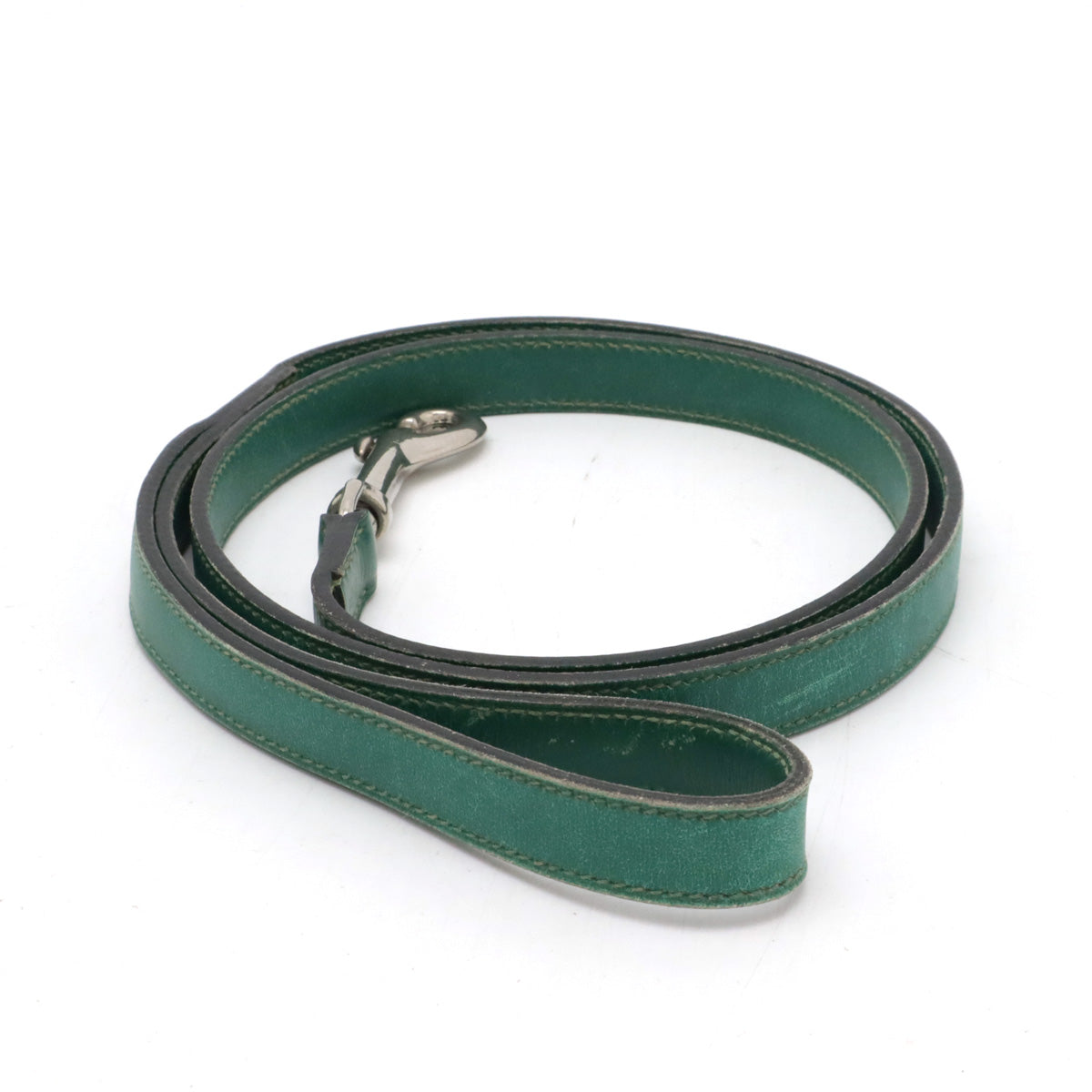 Hermes Leather Dog Leash Green Silver Hardware