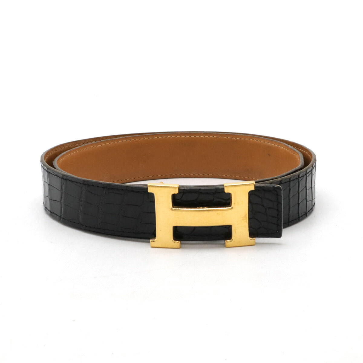 Hermes Constance Crocodile H Belt Black Gold