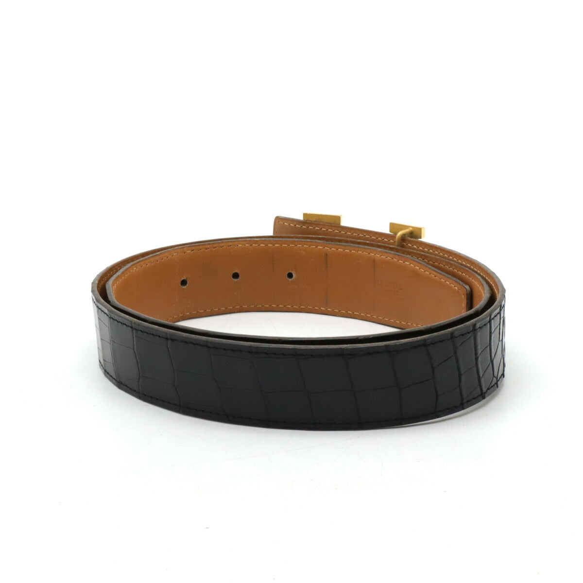 Hermes Constance Crocodile H Belt Black Gold