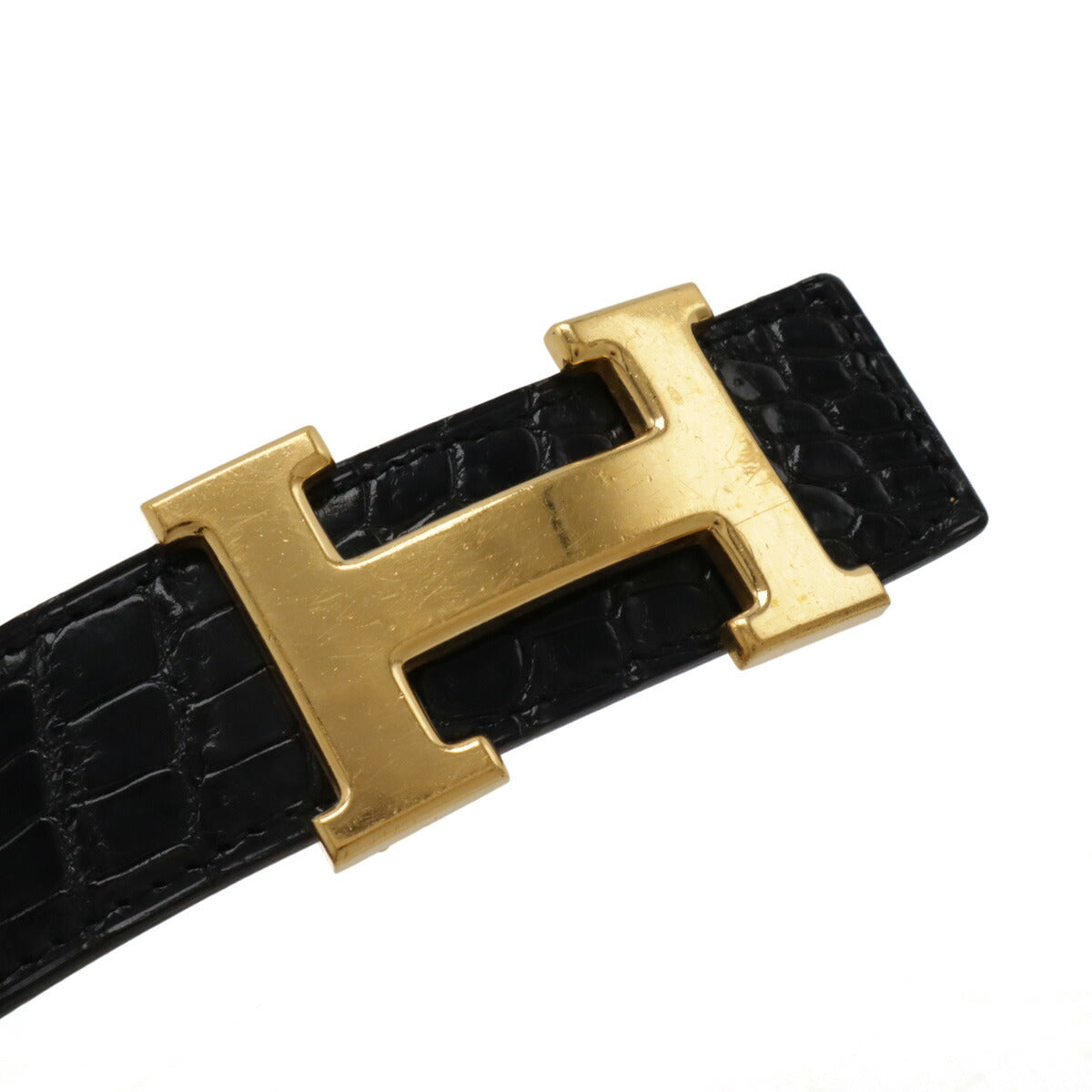 Hermes Constance Crocodile H Belt Black Gold