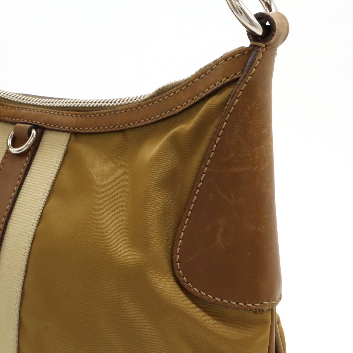 Prada Nylon/Leather Shoulder Bag Khaki Beige BT0494 in Very Good Condition