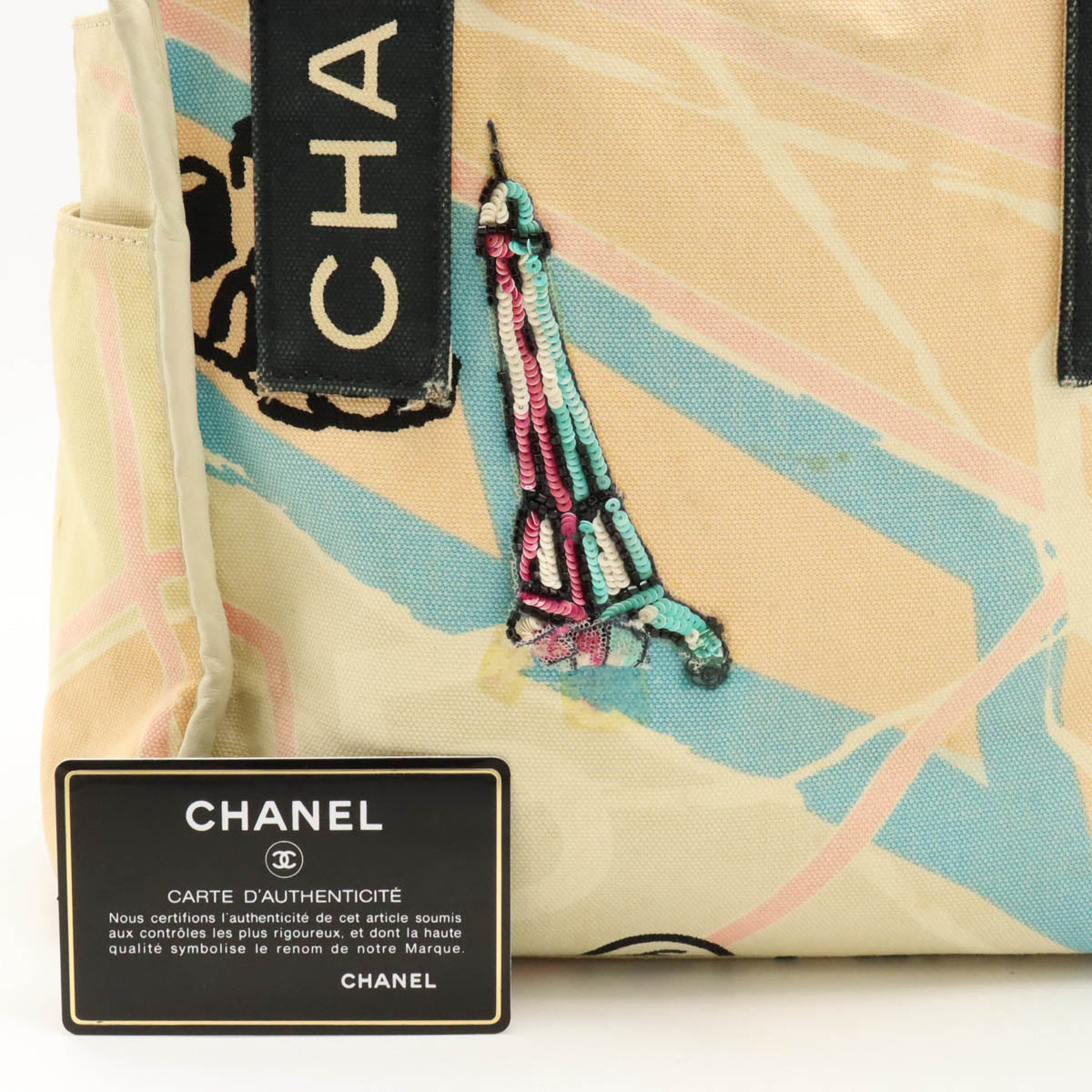 Chanel Canvas/Sequin Cruise Line Paris Map Eiffel Tower Tote Bag A30833 in Good Condition