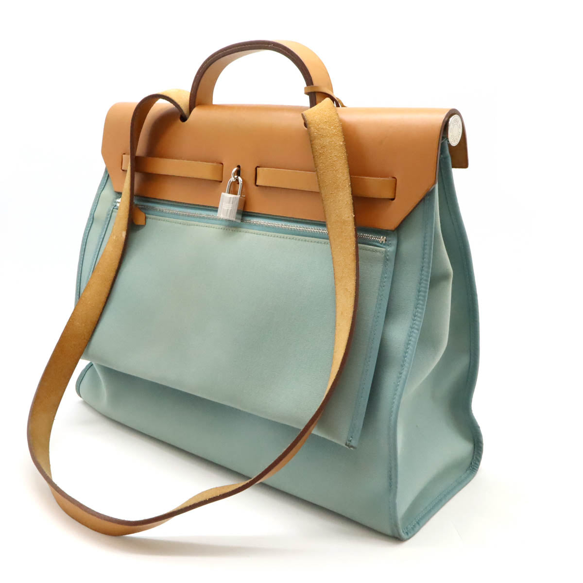 Hermes Aile Bag Zip MM 2WAY Handbag Blue-Green Leather in Good Condition