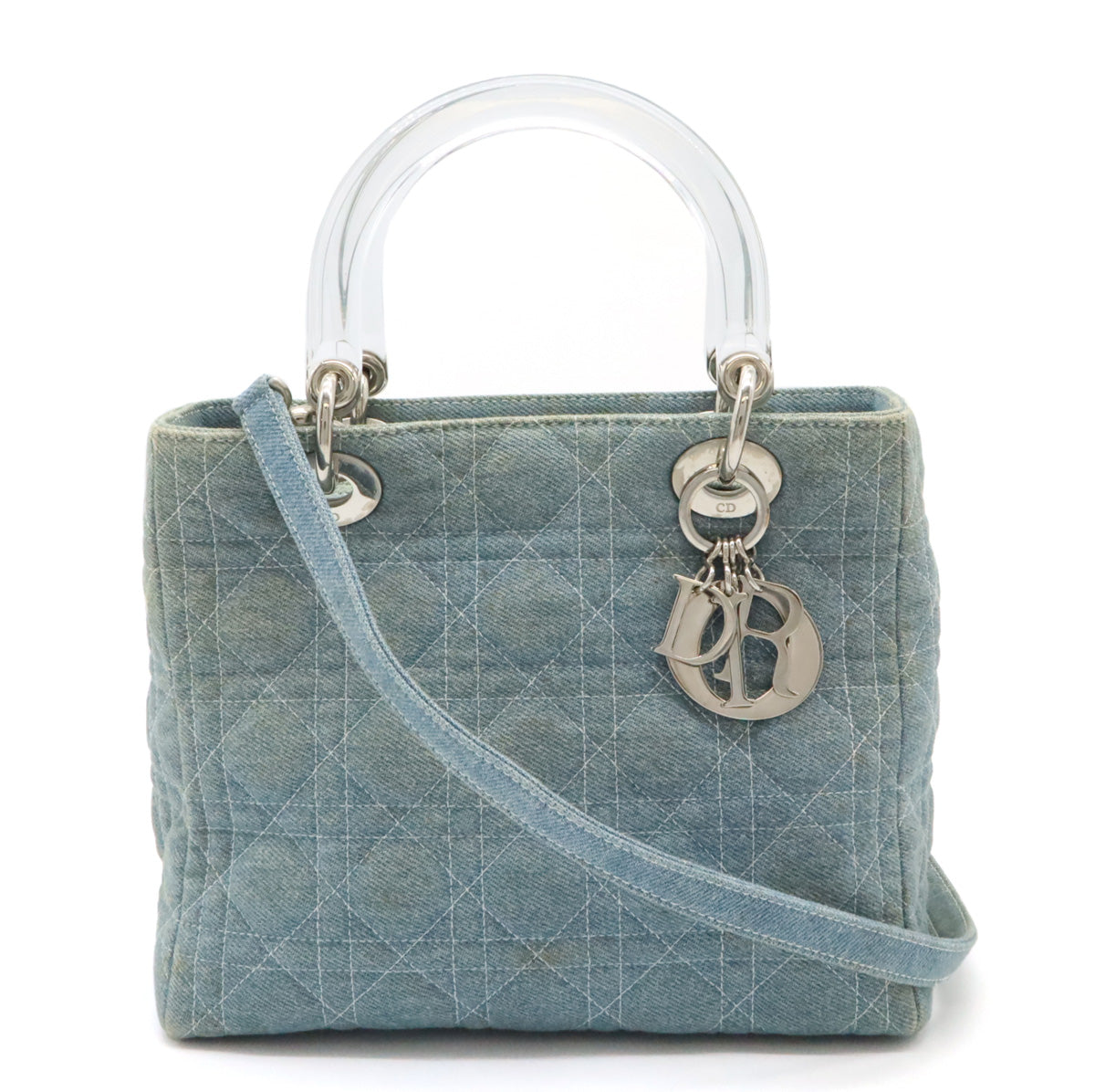 Dior Lady Dior Cannage Denim Handbag 2WAY Light Blue in Good Condition