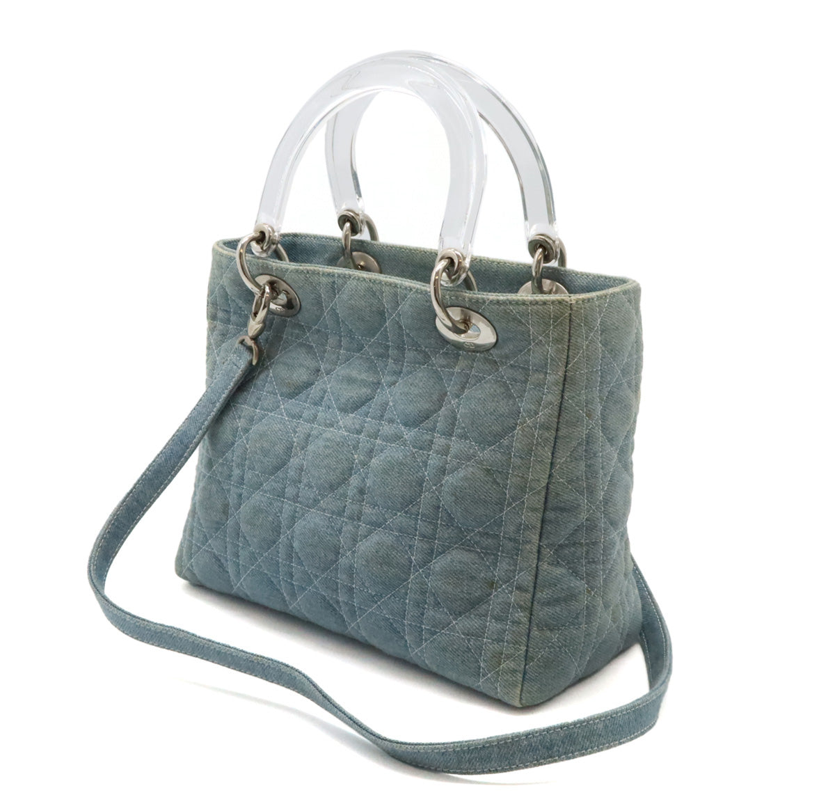 Dior Lady Dior Cannage Denim Handbag 2WAY Light Blue in Good Condition