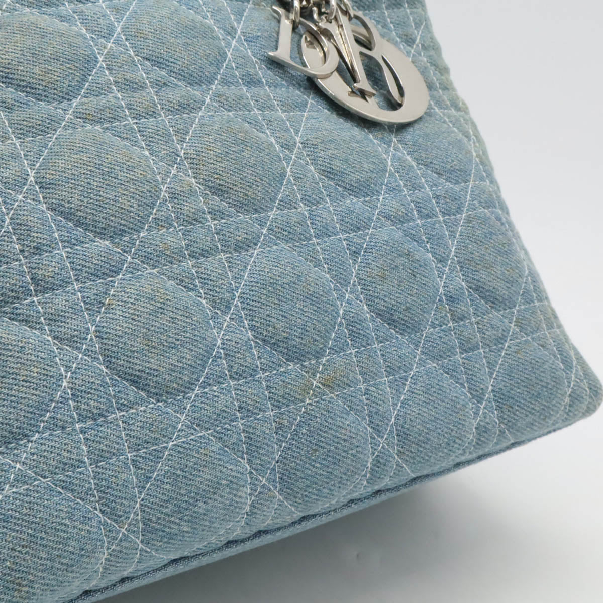 Dior Lady Dior Cannage Denim Handbag 2WAY Light Blue in Good Condition