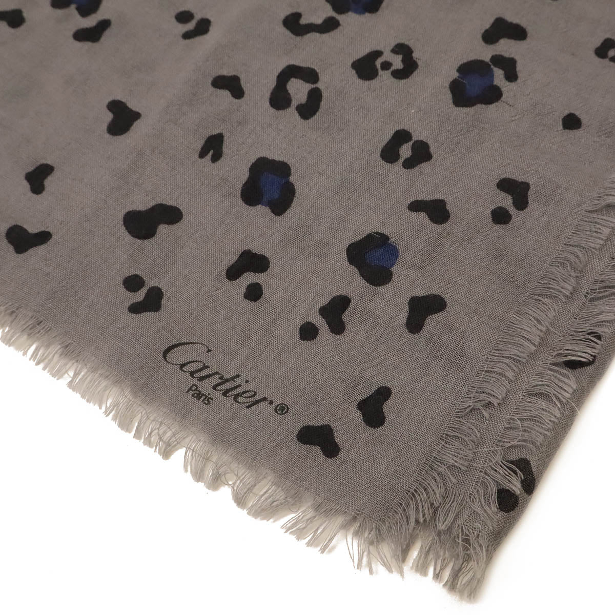 Cartier Cashmere/Silk Scarf Stole Leopard Gray Black Blue in Very Good Condition