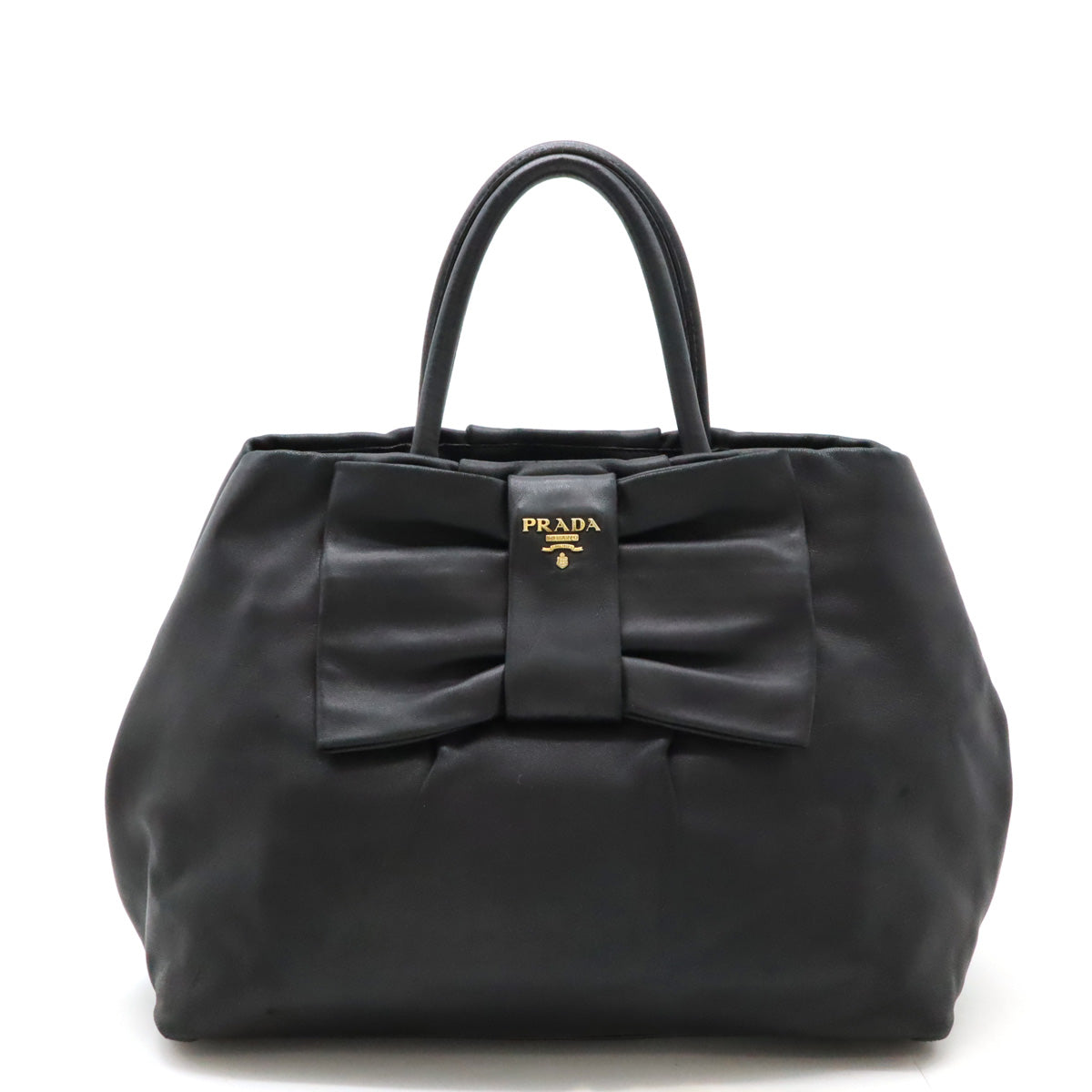 Prada Leather Tote Handbag Black Gold Hardware