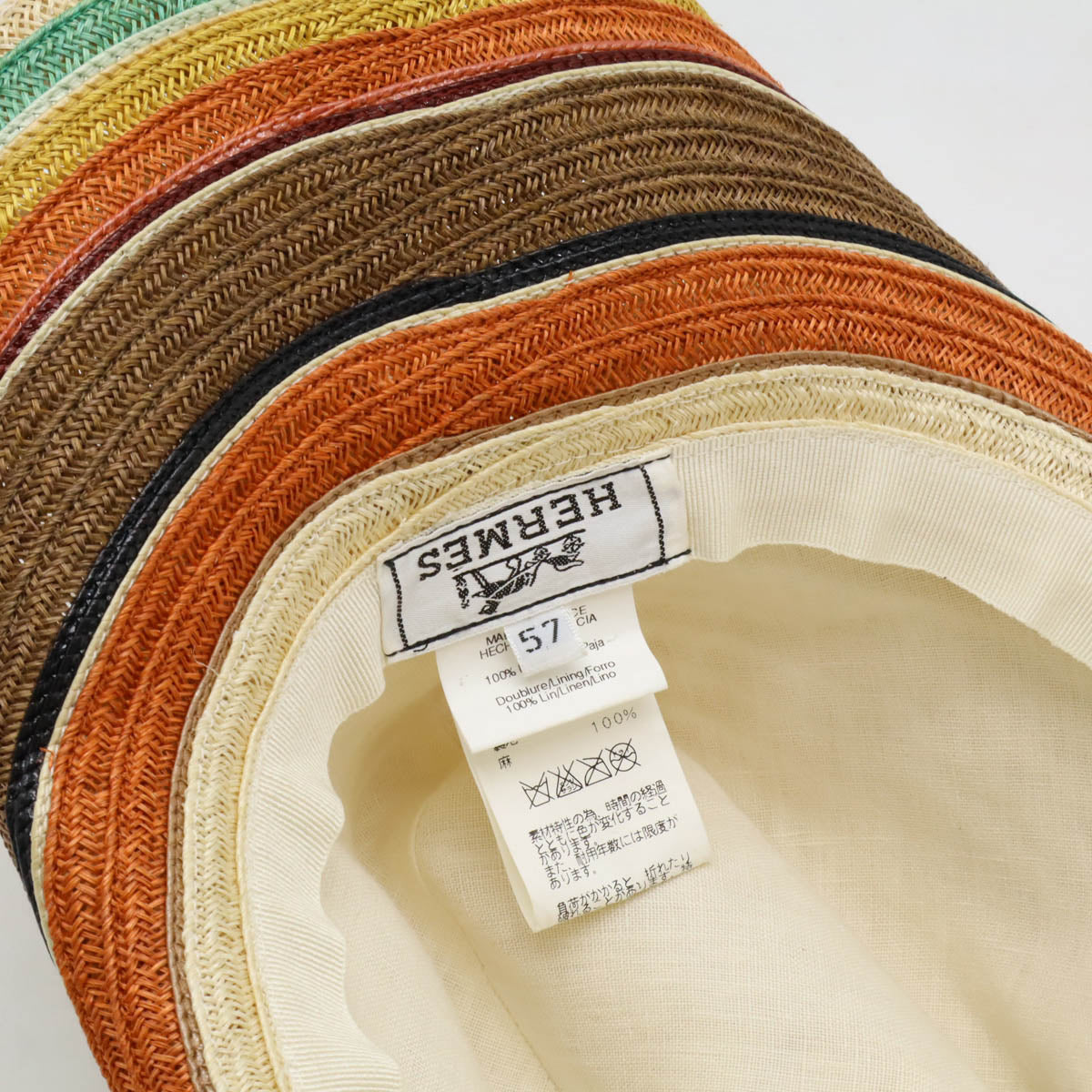 HERMES Straw Hat Linen Multicolor #57