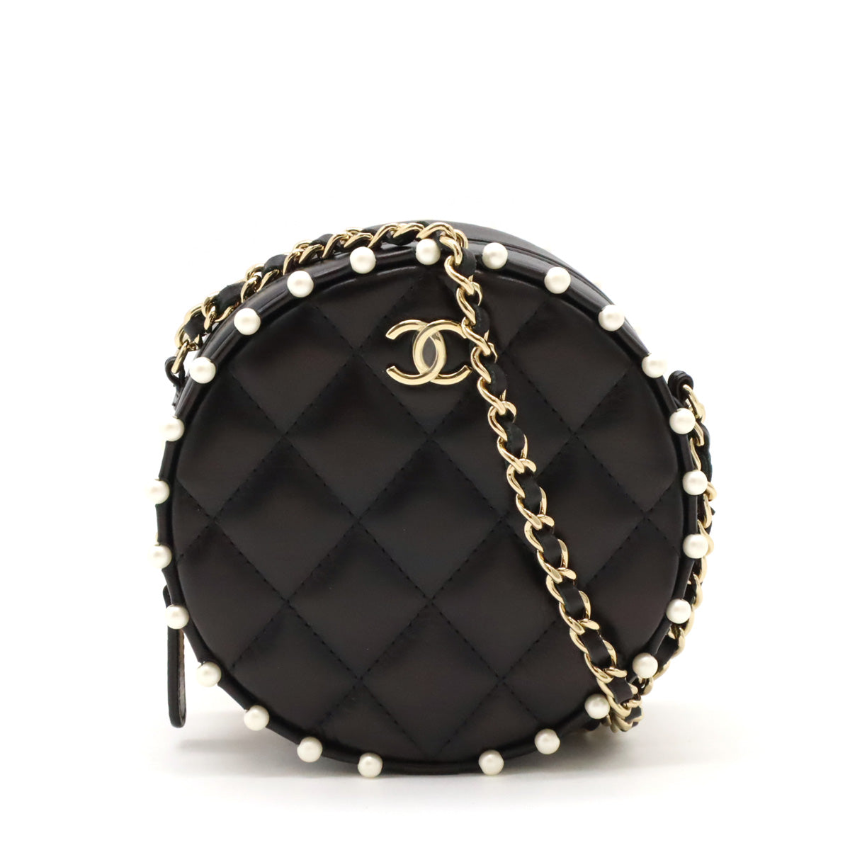 Chanel Leather/Faux Pearl Coco Mark Round Chain Shoulder Bag