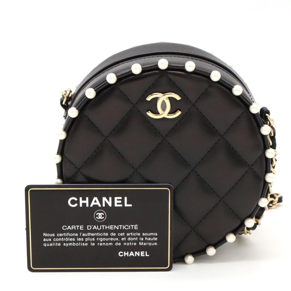 Chanel Leather/Faux Pearl Coco Mark Round Chain Shoulder Bag