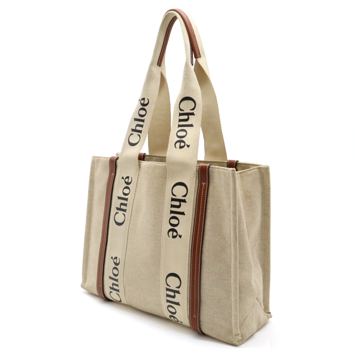 Chloe Woody Medium Tote Bag Linen Canvas Leather Beige Brown