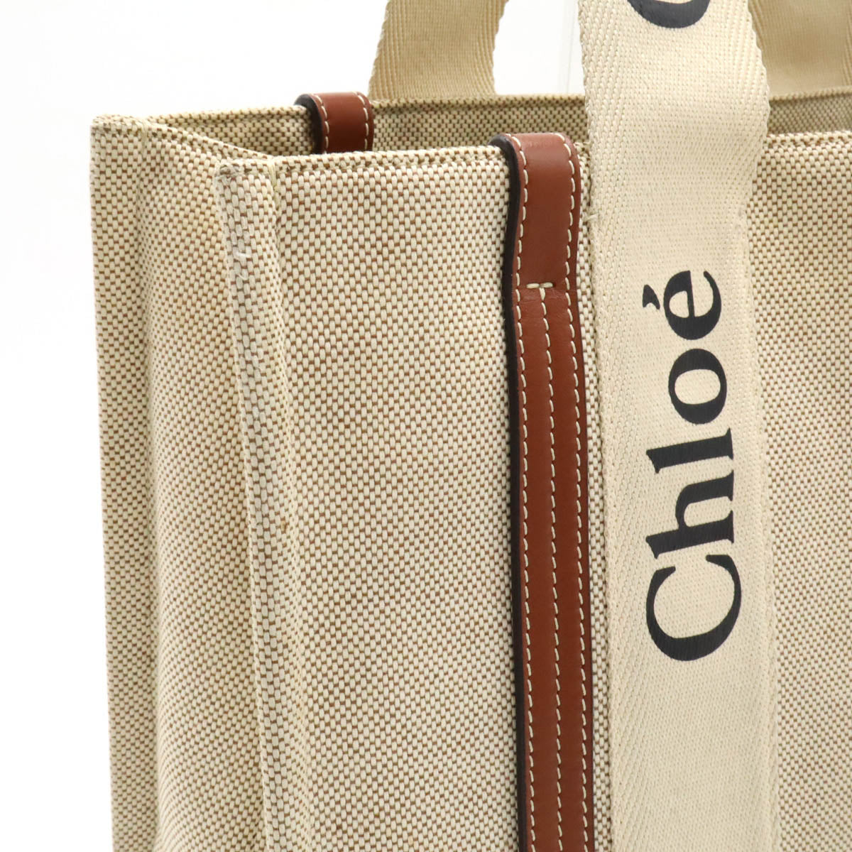 Chloe Woody Medium Tote Bag Linen Canvas Leather Beige Brown