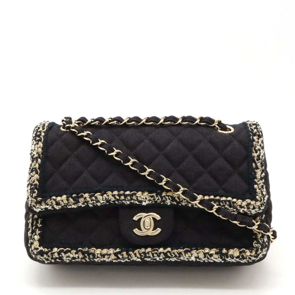 Chanel Matelasse 25 Tweed Frill Chain Shoulder Bag Canvas Black Gold Hardware in Very Good Condition