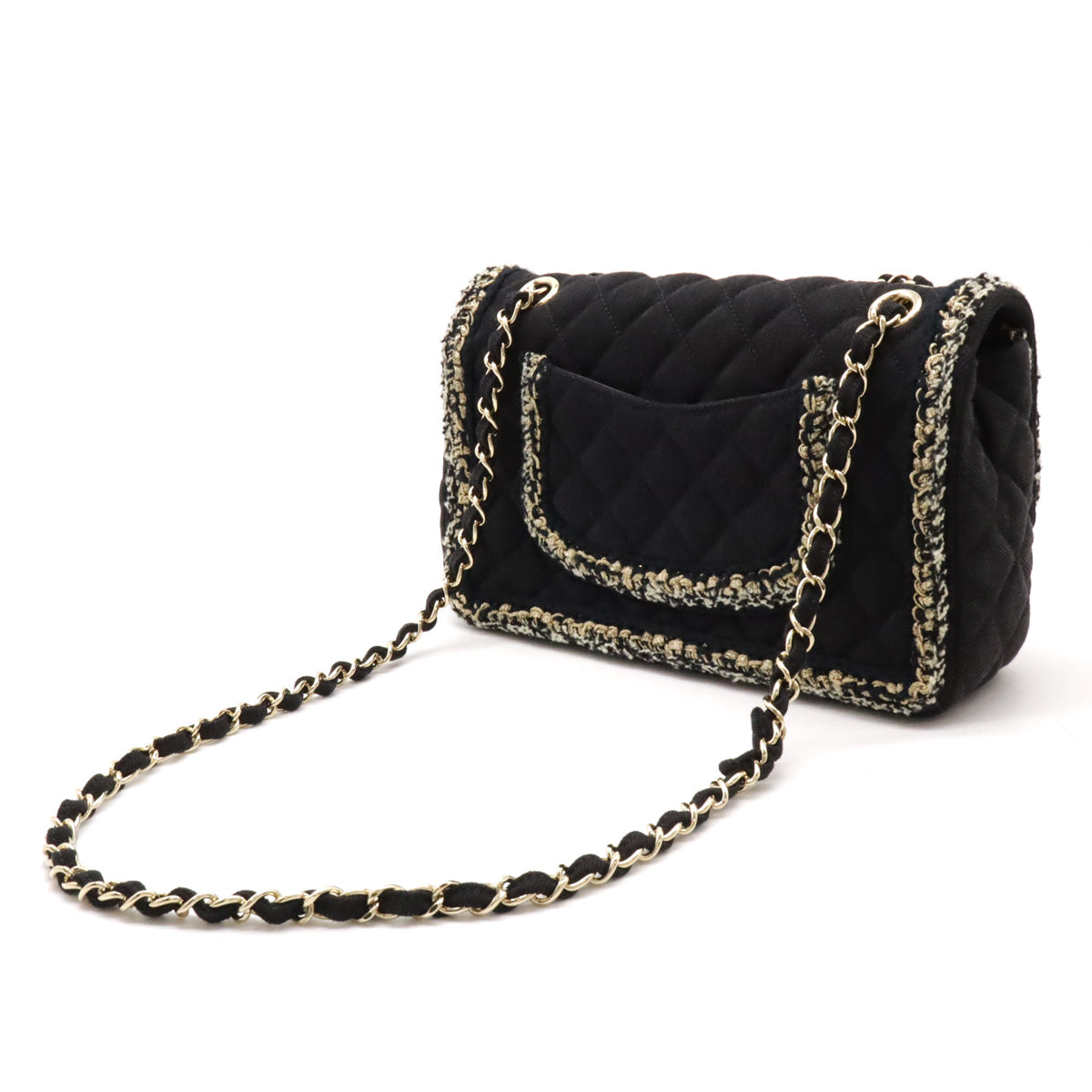 Chanel Matelasse 25 Tweed Frill Chain Shoulder Bag Canvas Black Gold Hardware in Very Good Condition